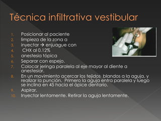 1. Posicionar al paciente
2. limpieza de la zona a
3. inyectar  enjuague con
4. CHX al 0.12%
5. anestesia tópica
6. Separar con espejo.
7. Colocar jeringa paralela al eje mayor al diente a
anestesiar.
8. En un movimiento acercar los tejidos blandos a la aguja, y
realizar la punción. Primero la aguja entra paralela y luego
se inclina en 45 hacia el ápice dentario.
9. Aspirar.
10. Inyectar lentamente. Retirar la aguja lentamente.
Técnica infiltrativa vestibular
 