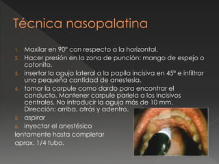 Técnica nasopalatina
1. Maxilar en 90º con respecto a la horizontal.
2. Hacer presión en la zona de punción: mango de espejo o
cotonito.
3. insertar la aguja lateral a la papila incisiva en 45ª e infiltrar
una pequeña cantidad de anestesia.
4. tomar la carpule como dardo para encontrar el
conducto. Mantener carpule parlela a los incisivos
centrales. No introducir la aguja más de 10 mm.
Dirección: arriba, atrás y adentro.
5. aspirar
6. inyectar el anestésico
lentamente hasta completar
aprox. 1/4 tubo.
 