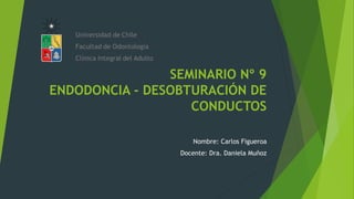 SEMINARIO Nº 9
ENDODONCIA - DESOBTURACIÓN DE
CONDUCTOS
Nombre: Carlos Figueroa
Docente: Dra. Daniela Muñoz
 
