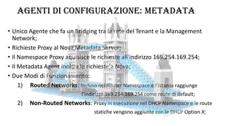 AGENTI DI CONFIGURAZIONE: METADATA
• Unico Agente che fa un Bridging tra la rete del Tenant e la Management
Network;
• Richieste Proxy al Nova Metadata Server;
• Il Namespace Proxy aquisisce le richieste all’indirizzo 169.254.169.254;
• Il Metadata Agent inoltra le richieste a Nova;
• Due Modi di Funzionamento:
1) Routed Networks: Incluso nel Router Namespace e l’istanza raggiunge
l’indirizzo 169.254.169.254 come route di default;
2) Non-Routed Networks: Proxy in esecuzione nel DHCP Namespace e le route
statiche vengono aggiunte con le DHCP Option X;
 