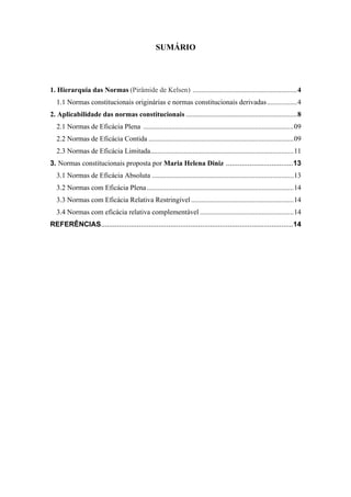3
SUMÁRIO
1. Hierarquia das Normas (Pirâmide de Kelsen) ...........................................................4
1.1 Normas constitucionais originárias e normas constitucionais derivadas.................4
2. Aplicabilidade das normas constitucionais ...............................................................8
2.1 Normas de Eficácia Plena .....................................................................................09
2.2 Normas de Eficácia Contida ..................................................................................09
2.3 Normas de Eficácia Limitada.................................................................................11
3. Normas constitucionais proposta por Maria Helena Diniz ..................................13
3.1 Normas de Eficácia Absoluta ................................................................................13
3.2 Normas com Eficácia Plena...................................................................................14
3.3 Normas com Eficácia Relativa Restringível..........................................................14
3.4 Normas com eficácia relativa complementável .....................................................14
REFERÊNCIAS.................................................................................................14
 
