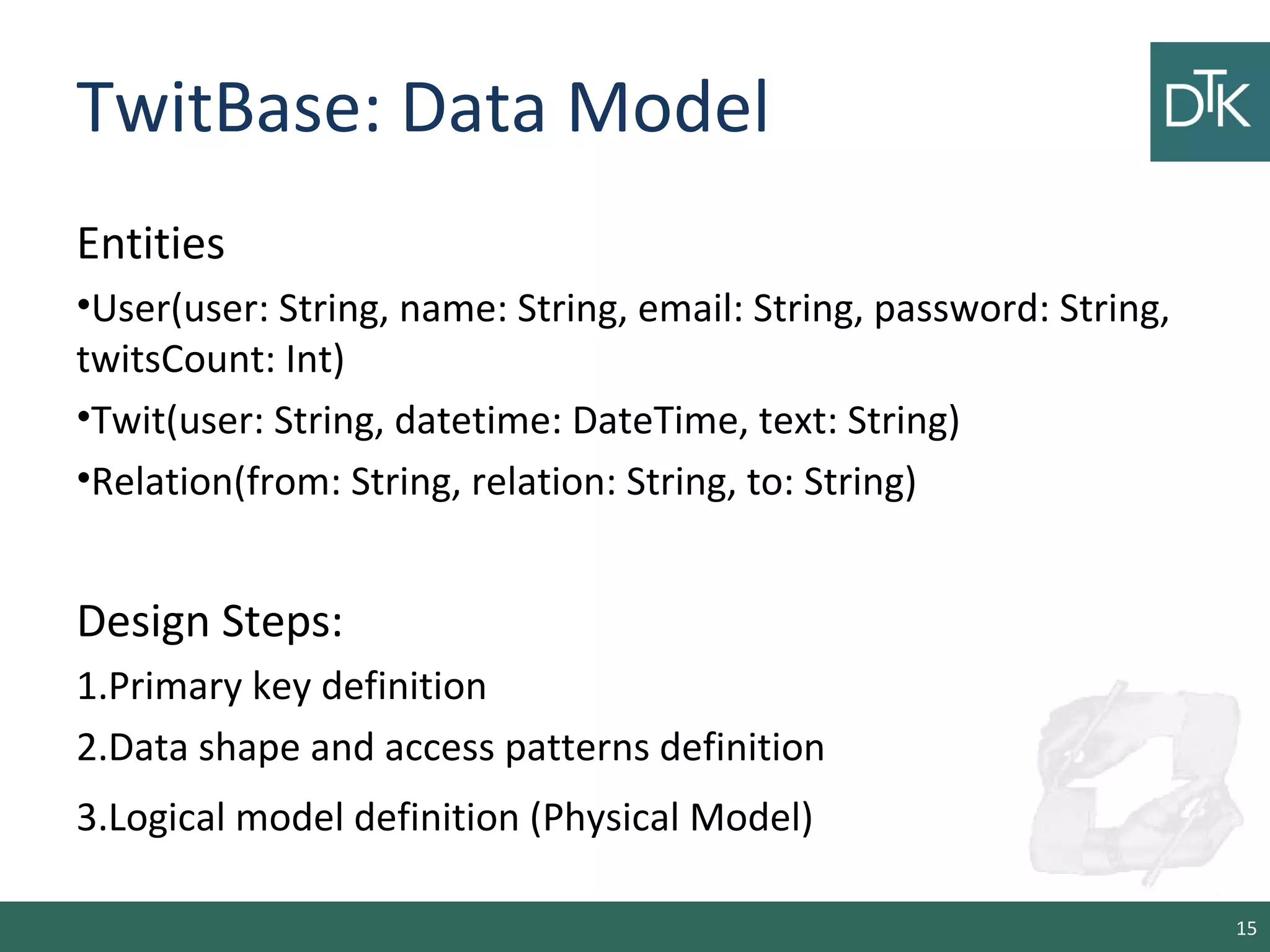 TwitBase: Data Model
Entities
•User(user: String, name: String, email: String, password: String,
twitsCount: Int)
•Twit(user: String, datetime: DateTime, text: String)
•Relation(from: String, relation: String, to: String)
Design Steps:
1.Primary key definition
2.Data shape and access patterns definition
3.Logical model definition (Physical Model)
15
 