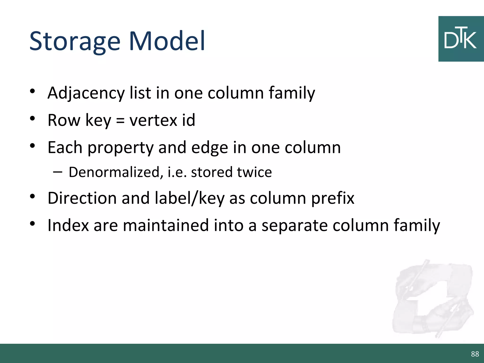 Storage Model
• Adjacency list in one column family
• Row key = vertex id
• Each property and edge in one column
– Denormalized, i.e. stored twice
• Direction and label/key as column prefix
• Index are maintained into a separate column family
88
 