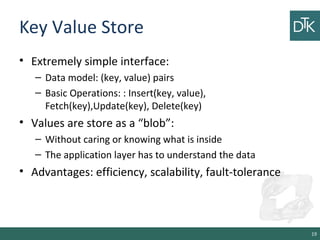 Key Value Store
• Extremely simple interface:
– Data model: (key, value) pairs
– Basic Operations: : Insert(key, value),
Fetch(key),Update(key), Delete(key)
• Values are store as a “blob”:
– Without caring or knowing what is inside
– The application layer has to understand the data
• Advantages: efficiency, scalability, fault-tolerance
19
 