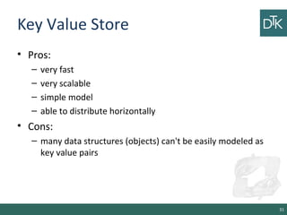 Key Value Store
• Pros:
– very fast
– very scalable
– simple model
– able to distribute horizontally
• Cons:
– many data structures (objects) can't be easily modeled as
key value pairs
31
 