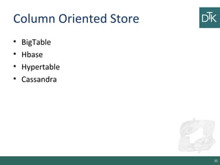 Column Oriented Store
• BigTable
• Hbase
• Hypertable
• Cassandra
35
 