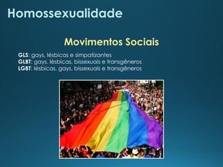 Homossexualidade
GLS: gays, lésbicas e simpatizantes
GLBT: gays, lésbicas, bissexuais e transgêneros
LGBT: lésbicas, gays, bissexuais e transgêneros
Movimentos Sociais
 