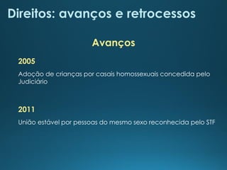 Direitos: avanços e retrocessos
2005
Adoção de crianças por casais homossexuais concedida pelo
Judiciário
Avanços
2011
União estável por pessoas do mesmo sexo reconhecida pelo STF
 