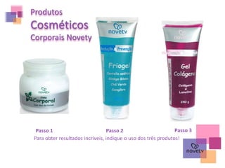 Passo 1 Passo 2 Passo 3
Produtos
Cosméticos
Corporais Novety
Para obter resultados incríveis, indique o uso dos três produtos!
 
