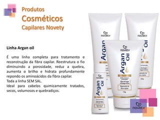 É uma linha completa para tratamento e
reconstrução da fibra capilar. Reestrutura o fio
diminuindo a porosidade, reduz a quebra,
aumenta o brilho e hidrata profundamente
repondo os aminoácidos da fibra capilar.
Toda a linha SEM SAL.
Ideal para cabelos quimicamente tratados,
secos, volumosos e quebradiços.
Linha Argan oil
Produtos
Cosméticos
Capilares Novety
 