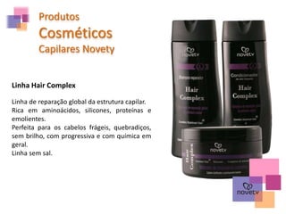 Linha Hair Complex
Produtos
Cosméticos
Capilares Novety
Linha de reparação global da estrutura capilar.
Rica em aminoácidos, silicones, proteínas e
emolientes.
Perfeita para os cabelos frágeis, quebradiços,
sem brilho, com progressiva e com química em
geral.
Linha sem sal.
 
