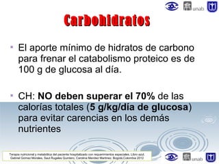 Carbohidratos


El aporte mínimo de hidratos de carbono
para frenar el catabolismo proteico es de
100 g de glucosa al día.



CH: NO deben superar el 70% de las
calorías totales (5 g/kg/día de glucosa)
para evitar carencias en los demás
nutrientes

Terapia nutricional y metabólica del paciente hospitalizado con requerimientos especiales. Libro azul.
Gabriel Gomez Morales, Saul Rugeles Quintero, Carolina Mendez Martinez. Bogotá,Colombia 2012

 