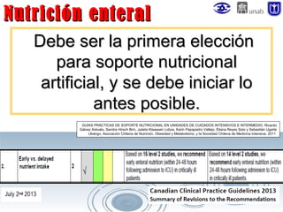 Nutrición enteral
Debe ser la primera elección
para soporte nutricional
artificial, y se debe iniciar lo
antes posible.
GUÍAS PRÁCTICAS DE SOPORTE NUTRICIONAL EN UNIDADES DE CUIDADOS INTENSIVOS E INTERMEDIO. Ricardo
Galvez Arévalo, Sandra Hirsch Birn, Julieta Klaassen Lobos, Karin Papapietro Vallejo, Eliana Reyes Soto y Sebastián Ugarte
Ubiergo. Asociación Chilena de Nutrición, Obesidad y Metabolismo, y la Sociedad Chilena de Medicina Intensiva. 2011

 