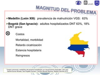 Medellín (León XIII): prevalencia de malnutrición VGS: 63%
Bogotá (San Ignacio): adultos hospitalizados DNT 63%, 18%
DNT grave



Costos
Mortalidad, morbilidad
Retardo cicatrización
Estancia hospitalaria
Reingresos

Terapia nutricional y metabólica del paciente hospitalizado con requerimientos especiales. Libro azul.
Gabriel Gomez Morales, Saul Rugeles Quintero, Carolina Mendez Martinez. Bogotá,Colombia 2012

 
