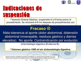 Indicaciones de
suspensión
Nutrición Enteral Gástrica, suspensión 6 a 8 horas previo al
procedimiento. Se reiniciará 6-8 hrs después de procedimientos con
anestesia general.

Fracaso 

Nutrición Enteral Traspilórica, suspensión 4 horas previas y
Mala tolerancia al aporte (dolor abdominal,anestesia
reiniciar 4 horas posteriores a procedimientos con distensión
general.
abdominal inmanejable, residuos gástrico y diarrea

abdominal inmanejable, residuos gástrico y diarrea
elevados). No aporte. Contraindicación por evolución.
Volumen residual gástrico entre 250 – 500 ml sólo con
sintomatología digestiva (Evidencia B).
Volumen gástrico >500 ml sin sintomatología digestiva.
Terapia nutricional y metabólica del paciente hospitalizado con requerimientos especiales. Libro azul.
Gabriel Gomez Morales, Saul Rugeles Quintero, Carolina Mendez Martinez. Bogotá,Colombia 2012

 