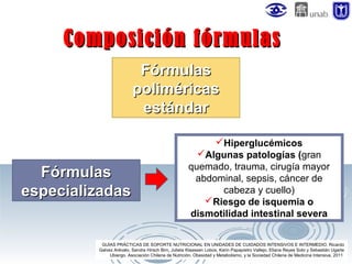 Composición fórmulas
Fórmulas
poliméricas
estándar

Fórmulas
especializadas

Hiperglucémicos
Algunas patologías (gran
quemado, trauma, cirugía mayor
abdominal, sepsis, cáncer de
cabeza y cuello)
Riesgo de isquemia o
dismotilidad intestinal severa

GUÍAS PRÁCTICAS DE SOPORTE NUTRICIONAL EN UNIDADES DE CUIDADOS INTENSIVOS E INTERMEDIO. Ricardo
Galvez Arévalo, Sandra Hirsch Birn, Julieta Klaassen Lobos, Karin Papapietro Vallejo, Eliana Reyes Soto y Sebastián Ugarte
Ubiergo. Asociación Chilena de Nutrición, Obesidad y Metabolismo, y la Sociedad Chilena de Medicina Intensiva. 2011

 