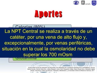 Aportes
La NPT Central se realiza a través de un
catéter, por una vena de alto flujo y,
excepcionalmente, por venas periféricas,
situación en la cual la osmolaridad no debe
superar los 700 mOsm
GUÍAS PRÁCTICAS DE SOPORTE NUTRICIONAL EN UNIDADES DE CUIDADOS INTENSIVOS E INTERMEDIO. Ricardo
Galvez Arévalo, Sandra Hirsch Birn, Julieta Klaassen Lobos, Karin Papapietro Vallejo, Eliana Reyes Soto y Sebastián Ugarte
Ubiergo. Asociación Chilena de Nutrición, Obesidad y Metabolismo, y la Sociedad Chilena de Medicina Intensiva. 2011

 