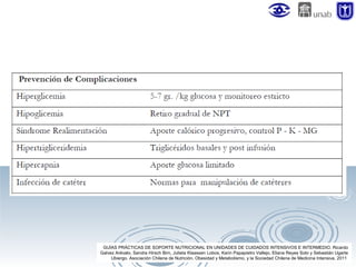 GUÍAS PRÁCTICAS DE SOPORTE NUTRICIONAL EN UNIDADES DE CUIDADOS INTENSIVOS E INTERMEDIO. Ricardo
Galvez Arévalo, Sandra Hirsch Birn, Julieta Klaassen Lobos, Karin Papapietro Vallejo, Eliana Reyes Soto y Sebastián Ugarte
Ubiergo. Asociación Chilena de Nutrición, Obesidad y Metabolismo, y la Sociedad Chilena de Medicina Intensiva. 2011

 