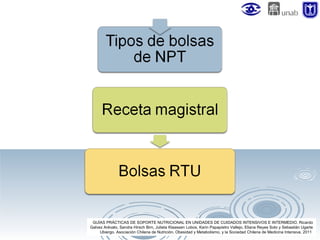 GUÍAS PRÁCTICAS DE SOPORTE NUTRICIONAL EN UNIDADES DE CUIDADOS INTENSIVOS E INTERMEDIO. Ricardo
Galvez Arévalo, Sandra Hirsch Birn, Julieta Klaassen Lobos, Karin Papapietro Vallejo, Eliana Reyes Soto y Sebastián Ugarte
Ubiergo. Asociación Chilena de Nutrición, Obesidad y Metabolismo, y la Sociedad Chilena de Medicina Intensiva. 2011

 