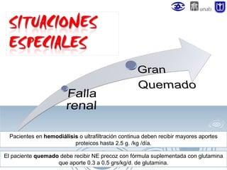 Pacientes en hemodiálisis o ultrafiltración continua deben recibir mayores aportes
proteicos hasta 2.5 g. /kg /día.
El paciente quemado debe recibir NE precoz con fórmula suplementada con glutamina
que aporte 0.3 a 0.5 grs/kg/d. de glutamina.

 