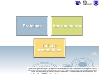 GUÍAS PRÁCTICAS DE SOPORTE NUTRICIONAL EN UNIDADES DE CUIDADOS INTENSIVOS E INTERMEDIO. Ricardo
Galvez Arévalo, Sandra Hirsch Birn, Julieta Klaassen Lobos, Karin Papapietro Vallejo, Eliana Reyes Soto y Sebastián Ugarte
Ubiergo. Asociación Chilena de Nutrición, Obesidad y Metabolismo, y la Sociedad Chilena de Medicina Intensiva. 2011

 