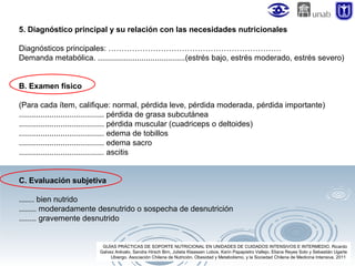5. Diagnóstico principal y su relación con las necesidades nutricionales
Diagnósticos principales: …………………………………………………………
Demanda metabólica. ........................................(estrés bajo, estrés moderado, estrés severo)
B. Examen físico
(Para cada ítem, califique: normal, pérdida leve, pérdida moderada, pérdida importante)
....................................... pérdida de grasa subcutánea
....................................... pérdida muscular (cuadriceps o deltoides)
....................................... edema de tobillos
....................................... edema sacro
....................................... ascitis
C. Evaluación subjetiva
....... bien nutrido
........ moderadamente desnutrido o sospecha de desnutrición
........ gravemente desnutrido

GUÍAS PRÁCTICAS DE SOPORTE NUTRICIONAL EN UNIDADES DE CUIDADOS INTENSIVOS E INTERMEDIO. Ricardo
Galvez Arévalo, Sandra Hirsch Birn, Julieta Klaassen Lobos, Karin Papapietro Vallejo, Eliana Reyes Soto y Sebastián Ugarte
Ubiergo. Asociación Chilena de Nutrición, Obesidad y Metabolismo, y la Sociedad Chilena de Medicina Intensiva. 2011

 