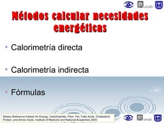 Métodos calcular necesidades
energéticas


Calorimetría directa



Calorimetría indirecta



Fórmulas

Dietary Reference Intakes for Energy, Carbohydrate, Fiber, Fat, Fatty Acids, Cholesterol,
Protein, and Amino Acids. Institute of Medicine and National Acadamies 2005.

 