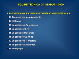 EQUIPE TÉCNICA DA SEMAM – 2009


PROFISSIONAIS QUE ATUAM NOS TRABALHOS DAS GERÊNCIAS
• 04 Técnicos em Meio Ambiente
• 02 Biólogas
• 04 Engenheiros Agrônomos
• 01 Engenheiro Civil
• 01 Engenheira Mecânica
• 01 Engenheiro Químico
• 02 Engenheiros Florestais
• 01 Engenheira Ambiental
• 03 Pedagogas
 