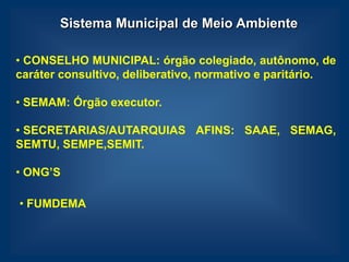 Sistema Municipal de Meio Ambiente

• CONSELHO MUNICIPAL: órgão colegiado, autônomo, de
caráter consultivo, deliberativo, normativo e paritário.

• SEMAM: Órgão executor.

• SECRETARIAS/AUTARQUIAS AFINS: SAAE, SEMAG,
SEMTU, SEMPE,SEMIT.

• ONG’S

• FUMDEMA
 