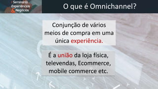 O que é Omnichannel?
Conjunção de vários
meios de compra em uma
única experiência.
É a união da loja física,
televendas, Ecommerce,
mobile commerce etc.
 