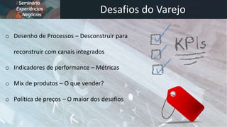 Desafios do Varejo
o Desenho de Processos – Desconstruir para
reconstruir com canais integrados
o Indicadores de performance – Métricas
o Mix de produtos – O que vender?
o Política de preços – O maior dos desafios
 