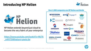 © Copyright 2014 Hewlett-Packard Development Company, L.P. The information contained herein is subject to change without notice.20
Introducing HP Helion
HP Helion extends beyond just cloud to
become the very fabric of your enterprise
https://www.youtube.com/watch?v=NU76
_mF6T2I&feature=youtu.be
Over 2,000 companies use HP Helion worldwide
 