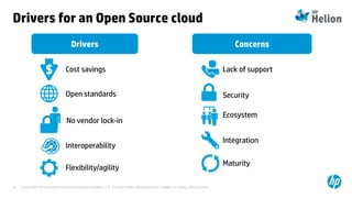 © Copyright 2014 Hewlett-Packard Development Company, L.P. The information contained herein is subject to change without notice.29
Drivers for an Open Source cloud
Drivers Concerns
Cost savings
Open standards
No vendor lock-in
Interoperability
Flexibility/agility
Lack of support
Security
Ecosystem
Integration
Maturity
 