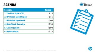 © Copyright 2014 Hewlett-Packard Development Company, L.P. The information contained herein is subject to change without notice.3
AGENDA
Sessione Tempo
1. The New Style of IT 9:15
2. HP Helion Cloud Vision 9:45
3. HP Helion Openstack 10:00
4. OpenStack Overview 10:30
5. Cloud Foundry 12:00
6. Hybrid World 12:15
 