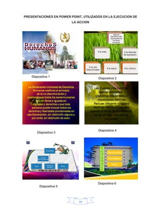 88
PRESENTACIONES EN POWER POINT, UTILIZADOS EN LA EJECUCION DE
LA ACCION
Algunos
Derechos más
importantes de
los Seres
Humanos
A la vida.
A no ser
discriminado.
A la salud
A la libertad
de expresión.
A la cultura.
La Declaración Universal de Derechos
Humanos reafirma el principio
de la no discriminación y
proclama que todos los seres humanos
nacen libres e iguales en
dignidad y derechos y que toda
persona puede invocar todos los
derechos y libertades proclamadas en
esa Declaración, sin distinción alguna y,
por ende, sin distinción de sexo.
Las mujeres y los hombres
somos diferentes,
y tenemos capacidades y
necesidades distintas.
Pero ser diferente no quiere
decir ser inferior, ni siquiera
cuando, a causa de la diferencia,
se es, en algo, más débil y
vulnerable.
Actualidad
Jefes
Hombres-
esposos
Niños
Cultura
discriminatoria
Cuandoseabusadel
poder,secausandaños:
Patrimoniales
Sociológicos
Físicos
Diapositiva 1
Diapositiva 2
Diapositiva 3
Diapositiva 4
Diapositiva 5
Diapositiva 6
 