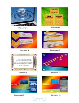 89
En las
instituciones
Sociedad en
general
su pareja, sus hijos/as
Las mujeres
merecen el
respeto de:
Artículo 1
Disfrutar plenamente
de todos los derechos
humanos
Libertades
fundamentales
reconocidos por la
Carta de las
Naciones Unidas
normativa
internacional
de los derechos
humanos.
Los pueblos
indígenas tienen
derecho a:
Artículo 2
Libertad
Igualdad ante los
demás pueblos
De no ser objeto
de ninguna
discriinación
Es derecho de los
pueblos indígenas:
Diapositiva 8Diapositiva 7
Diapositiva 9 Diapositiva 10
Diapositiva 11 Diapositiva 12
Diapositiva 14Diapositiva 13
 
