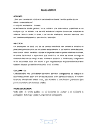 95
CONCLUSIONES
DOCENTE:
¿Será que los docentes priorizan la participación activa de los niños y niñas en sus
clases correspondientes?
La mayoría de maestros fortalece
en el interés de ambos géneros, niños y niñas a que sean activos, prepositivos sobre
cualquier tipo de temática que se esté realizando o algunas actividades realizadas en
aulas de cada uno de los docentes, como también en el centro educativo en donde cada
una de ellas esté ingresado o ejerciendo su educación.
DIRECTOR:
Los encargados de cada uno de los centros educativos han tomado la iniciativa de
priorizar la participación de los estudiantes especialmente el de las niñas en las escuelas,
esto los han venido haciendo a través de organizaciones de juntas directivas escolares,
en donde se visualiza la oportunidad que se le da a las niñas de asumir un cargo de
coordinar al equipo de trabajo de esta manera se evidencia la oportunidad y compromiso
de los estudiantes, sobre todo asumir la gran responsabilidad de poder sistematizar bien
todas los trabajos que se estén realizando en las escuelas.
ESTUDIANTES:
Cada estudiante niño y niña tienen los mismos derechos y obligaciones de participar en
los distintos ámbitos sobre todo en las actividades en los centros educativos. A si mismo
llevar una relación entre ambos sexos, para mantener la comunicación y la relación para
poder desarrollarse en diferentes ámbitos.
PADRES DE FAMILIA:
Cada padre de familia quedara en su conciencie de analizar si es necesario la
participación de la mujer y cada mujer pensara si es necesario.
 