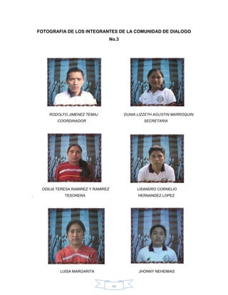 111
FOTOGRAFIA DE LOS INTEGRANTES DE LA COMUNIDAD DE DIALOGO
No.3
RODOLFO JIMENEZ TEMAJ DUNIA LIZZETH AGUSTIN MARROQUIN
COORDINADOR SECRETARIA
ODILIA TERESA RAMIREZ Y RAMIREZ LISANDRO CORNELIO
. TESORERA HERNANDEZ LOPEZ
LUISA MARGARITA JHONNY NEHEMIAS
 