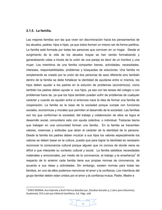 12
2.1.5. La familia.
Las mejores familias son las que viven sin discriminación hacia los pensamientos de
los abuelos, padres, hijos e hijas, ya que todos forman un mismo ser de forma partitiva.
La familia está formada por todas las personas que conviven en un hogar. Desde el
surgimiento de la vida de los abuelos mayas se han venido formalizando y
generalizando vidas a través de la unión de una pareja es decir de un hombre y una
mujer. Los miembros de una familia comparten bienes, actividades, necesidades,
intereses, responsabilidades, problemas y búsquedas de soluciones. Una familia no
simplemente es creado por la unión de dos personas de sexo diferente sino también
dentro de la familia se debe fortalecer la identidad de ayudarse entre sí mismos, los
hijos deben ayudar a los padres en la solución de problemas (económicos), como
también los padres deben ayudar a sus hijos, ya sea con las tareas del colegio o con
problemas fuera de, ya que los hijos también pueden sufrir de problemas de cualquier
carácter y cuando se ayudan entre sí entonces nace la idea de formar una familia de
cooperación. La familia es la base de la sociedad porque cumple con funciones
sociales, económicas y morales que permiten el desarrollo de la sociedad. Las familias
son los que conforman la sociedad; del trabajo y colaboración de ellos se logra el
desarrollo social, comunitario esto con ayuda colectiva, o individual. Todos/as las/os
que trabajan en una comunidad forman una familia. En la familia se transmiten
valores, creencias y actitudes que alzan el carácter de la identidad de la persona.
Desde la familia los padres deben inculcar a sus hijos los valores especialmente los
valores se deben basar en la cultura, puesto que para lograr la identidad es necesario
reconocer la consonancia cultural porque alguien que no conoce de donde viene es
difícil a que interprete su contexto cultural y social. La familia satisface necesidades
materiales y emocionales, por medio de la convivencia, el trabajo y la enseñanza7
Al
respecto de lo anterior cada familia tiene sus propias normas de convivencia, de
acuerdo a sus ideas y actividades. Sin embargo, existen normas para todas las
familias, en uno de ellos podemos mencionar el amor y la confianza. Los miembros del
grupo familiar deben estar unidos por el amor y la confianza mutua. Padre, Madre e
7
VIDES MORAN, Ana Gabriela y Ruth Patricia Batzibal por, Estudios Sociales 5, ( Libro para Docentes),
Guatemala, D.R 2,001 por Editorial Santillana, S,A. Págs. 208
 