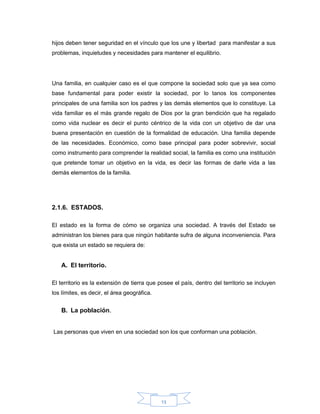 13
hijos deben tener seguridad en el vínculo que los une y libertad para manifestar a sus
problemas, inquietudes y necesidades para mantener el equilibrio.
Una familia, en cualquier caso es el que compone la sociedad solo que ya sea como
base fundamental para poder existir la sociedad, por lo tanos los componentes
principales de una familia son los padres y las demás elementos que lo constituye. La
vida familiar es el más grande regalo de Dios por la gran bendición que ha regalado
como vida nuclear es decir el punto céntrico de la vida con un objetivo de dar una
buena presentación en cuestión de la formalidad de educación. Una familia depende
de las necesidades. Económico, como base principal para poder sobrevivir, social
como instrumento para comprender la realidad social, la familia es como una institución
que pretende tomar un objetivo en la vida, es decir las formas de darle vida a las
demás elementos de la familia.
2.1.6. ESTADOS.
El estado es la forma de cómo se organiza una sociedad. A través del Estado se
administran los bienes para que ningún habitante sufra de alguna inconveniencia. Para
que exista un estado se requiera de:
A. El territorio.
El territorio es la extensión de tierra que posee el país, dentro del territorio se incluyen
los límites, es decir, el área geográfica.
B. La población.
Las personas que viven en una sociedad son los que conforman una población.
 
