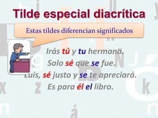 Irás tú y tu hermana.
Solo sé que se fue.
Luis, sé justo y se te apreciará.
Es para él el libro.
Tilde especial diacrítica
Estas tildes diferencian significados
 