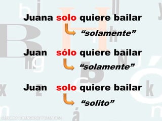 Juana solo quiere bailar
Juan solo quiere bailar
Juan sólo quiere bailar
“solamente”
“solito”
“solamente”
 