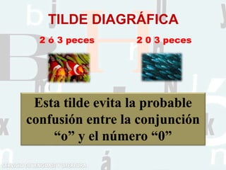 TILDE DIAGRÁFICA
2 ó 3 peces 2 0 3 peces
Esta tilde evita la probable
confusión entre la conjunción
“o” y el número “0”
 