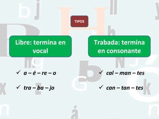 TIPOS
Libre: termina en
vocal
Trabada: termina
en consonante
 a – é – re – o
 tra – ba – jo
 cal – man – tes
 can – tan – tes
 