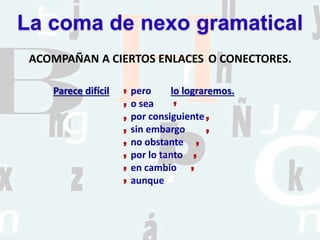 pero
o sea
por consiguiente
sin embargo
no obstante
por lo tanto
en cambio
aunque
ACOMPAÑAN A CIERTOS ENLACES O CONECTORES.
,
,
,
,
,
,
,
,
,
,
,
,
,
,
La coma de nexo gramatical
Parece difícil lo lograremos.
 