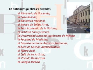 el Ministerio de Hacienda,
la Casa Rosada,
la Biblioteca Nacional,
el Museo de Bellas Artes,
la Real Academia de la Historia,
el Instituto Caro y Cuervo,
la Universidad Nacional Autónoma de México,
la Facultad de Medicina,
el Departamento de Recursos Humanos,
el Área de Gestión Administrativa,
el Teatro Real,
el Café de los Artistas,
el Partido Demócrata
el Colegio Médico
En entidades públicas y privadas
 