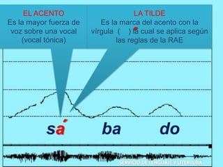 sa ba do
EL ACENTO
Es la mayor fuerza de
voz sobre una vocal
(vocal tónica)
LA TILDE
Es la marca del acento con la
vírgula ( ) la cual se aplica según
las reglas de la RAE
 