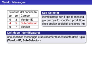 Vendor Messages


    Struttura del pacchetto    Sub-Selector
    so eo Campo                identiﬁcatore per il tipo di messag-
    0     3 Vendor-ID          gio per quello speciﬁco produttore
    4     5 Sub-Selector       (little endian sedici bit unsigned int)
    6     7 Version

   Deﬁnition (Identiﬁcatore)
   uno speciﬁco messaggio è univocamente identiﬁcato dalla tupla
   (Vendor-ID, Sub-Selector)
 