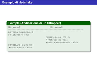 Esempio di Hadshake




   Example (Abdicazione di un Ultrapeer)
   UltrapeerA                       UltrapeerB
   -----------------------------------------------------------
   GNUTELLA CONNECT/0.6
   X-Ultrapeer: True
                                 GNUTELLA/0.6 200 OK
                                 X-Ultrapeer: True
                                 X-Ultrapeer-Needed: False
   GNUTELLA/0.6 200 OK
    X-Ultrapeer: False
 