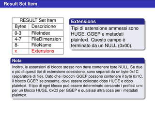 Result Set Item


       RESULT Set Item                 Extensions
    Bytes Descrizione                  Tipi di estensione ammessi sono
    0-3    FileIndex                   HUGE, GGEP e metadati
    4-7    FileDimension               plaintext. Questo campo è
    8-     FileName                    terminato da un NULL (0x00).
    x      Extensions

   Nota
   Inoltre, le estensioni di blocco stesso non deve contenere byte NULL. Se due
   o più di questi tipi di estensione coesistono, sono separati da un byte 0x1C
   (separatore di ﬁle). Dato che i blocchi GGEP possono contenere il byte 0x1C,
   il blocco GGEP, se presente, deve essere collocato dopo HUGE e dopo
   plaintext. Il tipo di ogni blocco può essere determinato cercando i preﬁssi urn:
   per un blocco HUGE, 0xC3 per GGEP e qualsiasi altra cosa per i metadati
   plaintext.
 